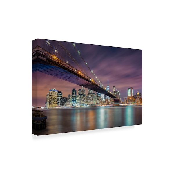 Michael Zheng 'Brooklyn Bridge At Night' Canvas Art,16x24